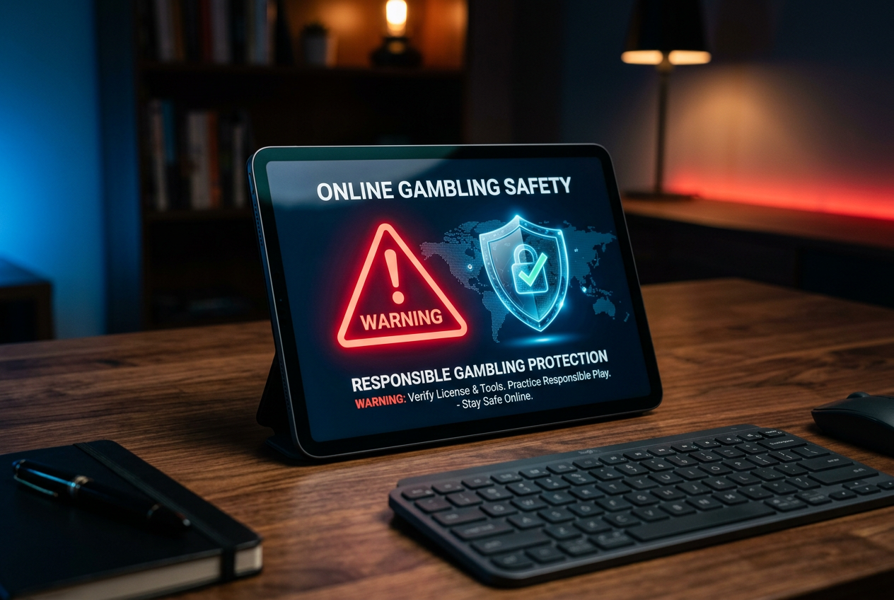 A digital shield icon and a warning sign on a tablet screen representing online safety.