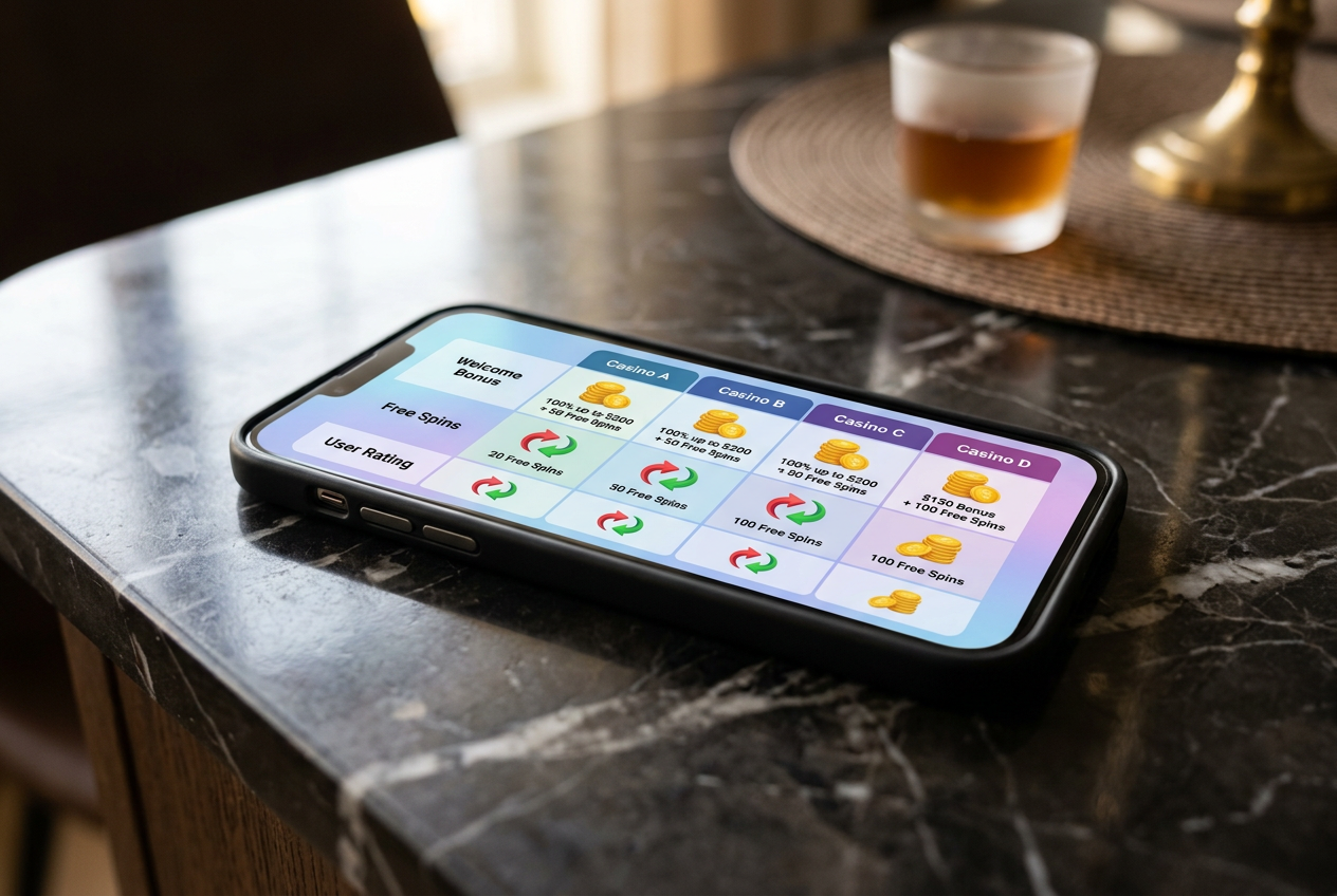 A modern smartphone displaying a casino comparison table with golden coin icons.